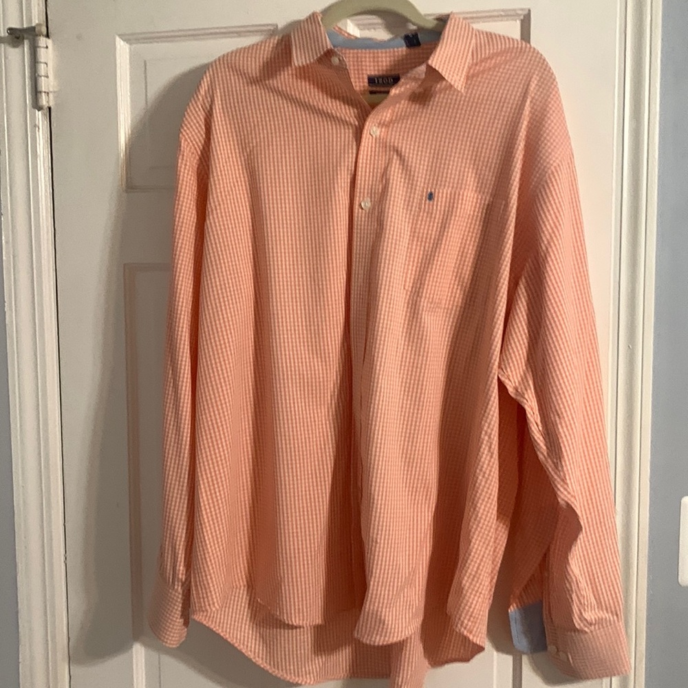 Mens XL button down shirt By IZOD. Really nice peach colored with white stripes.